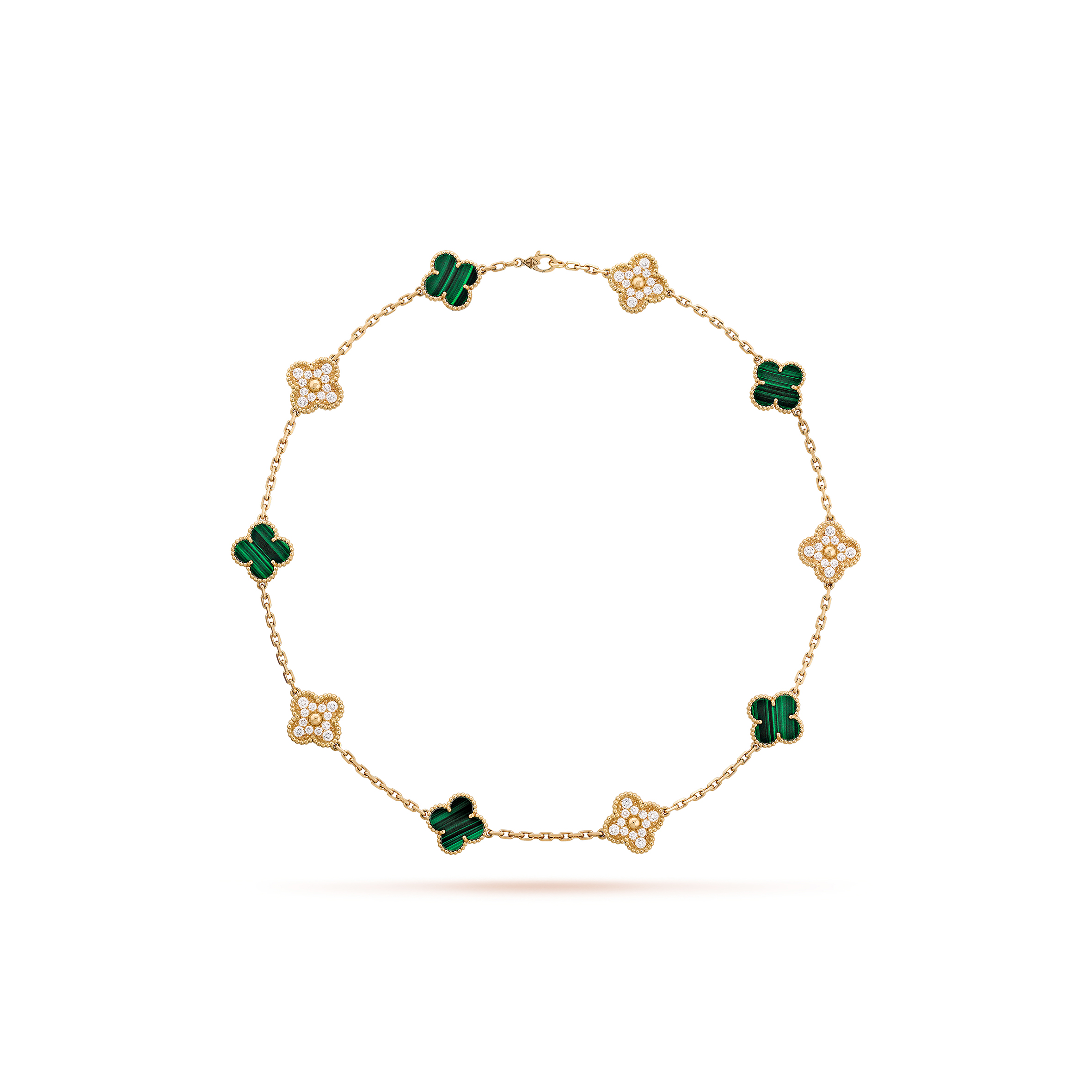 VAN CLEEF ARPELS VINTAGE ALHAMBRA NECKLACE, 10 MOTIFS - YELLOW GOLD, DIAMOND, MALACHITE  VCARO9J400